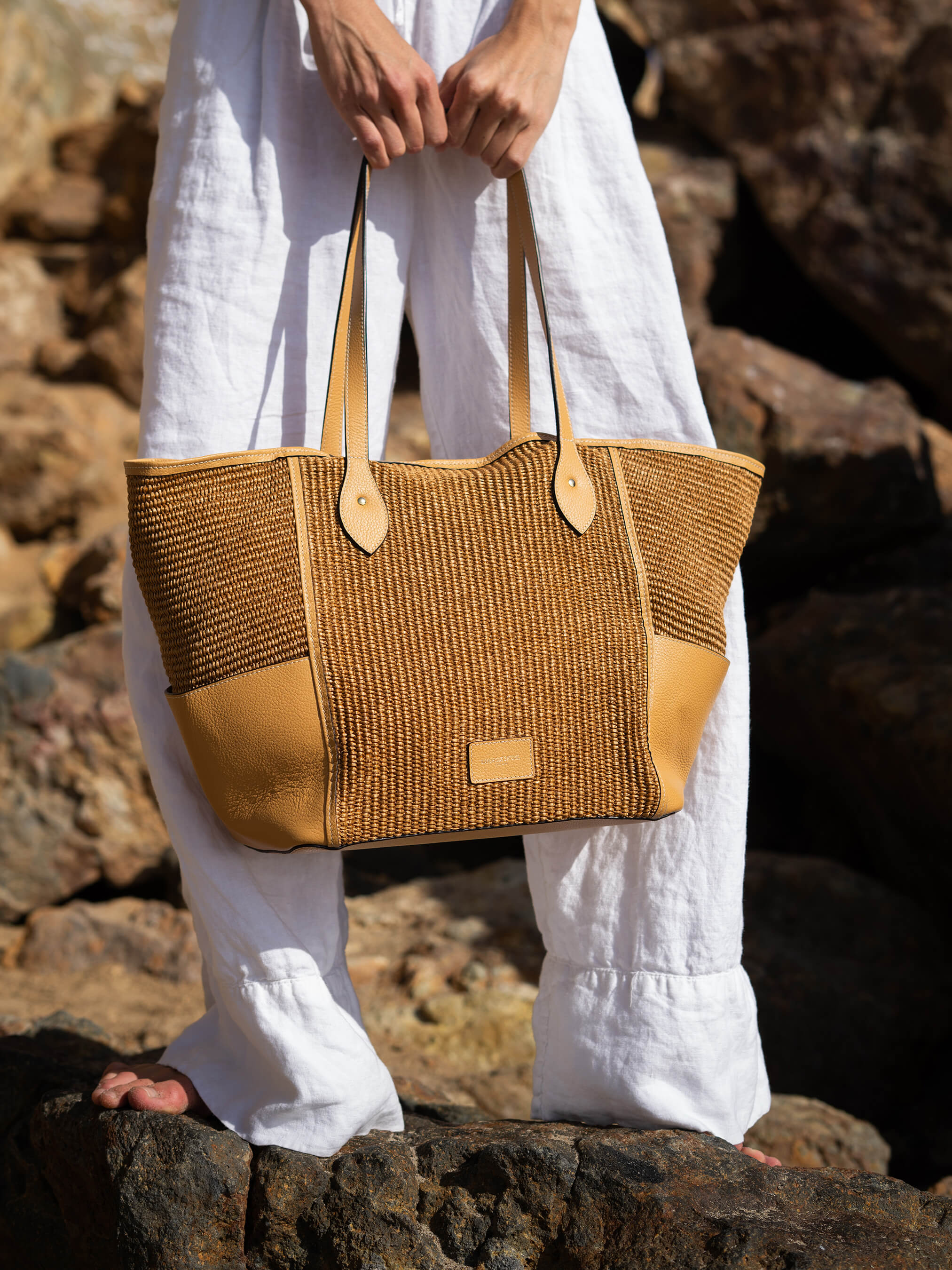 The Raffia Tote - Sand Raffia & Madras Grain Leather