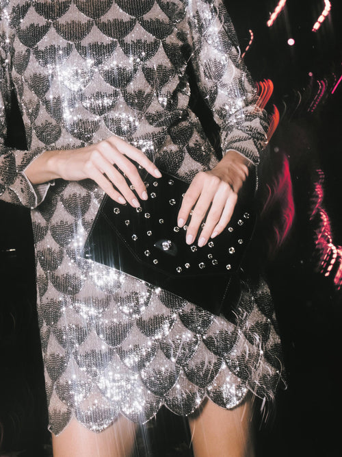 The Twist Lock Pouch - High Shine Black with Swarovski® Crystals